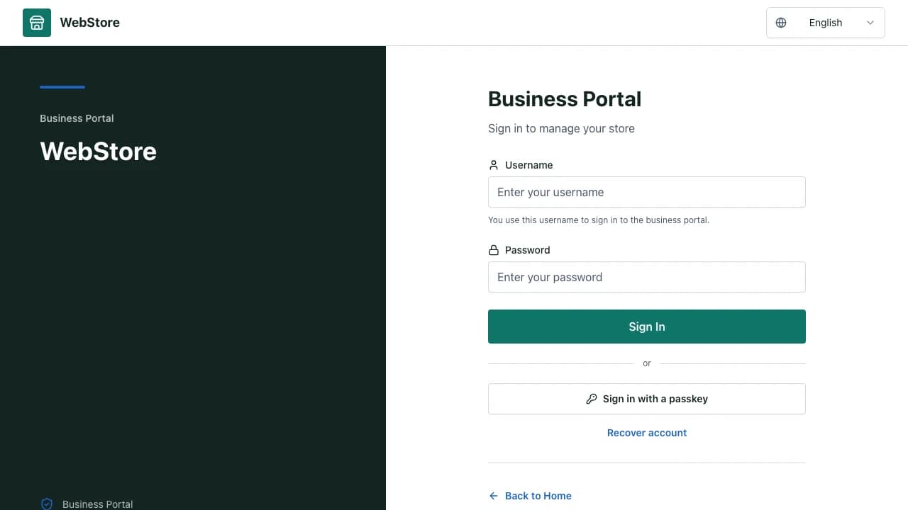 WebStore secure portal sign-in and account recovery screen