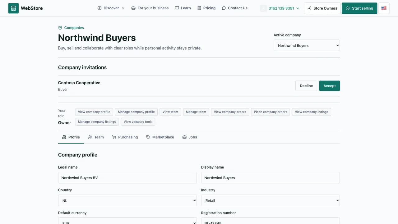 WebStore consumer company workspace with profile, team and purchasing views