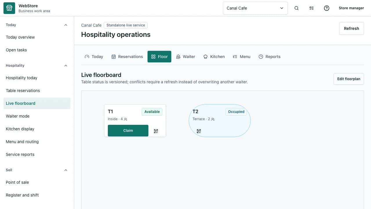 WebStore hospitality live floorboard with readable table status